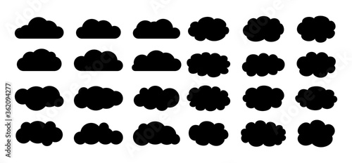 Cloud set flat cartoon silhouette. Abstract black cloudy collection. Label, symbol, shape different clouds sky glyph. Nature weather elements. Isolated vector illustration