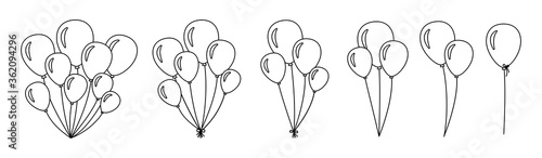 Bunch of balloons set. Outline bunches and groups helium balloons. Linear birthday party design cartoon flat collection. Holiday surprise gift round ballon. Isolated vector illustration