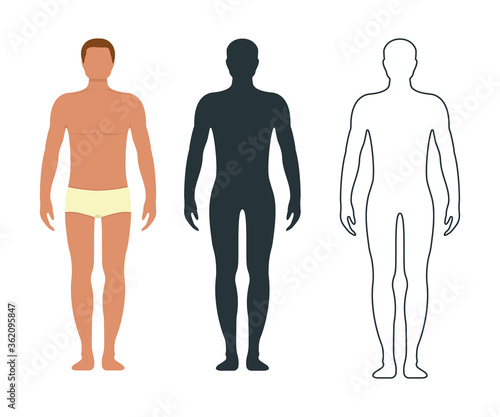 Male and female anatomy human character, people dummy front and view side body silhouette, isolated on white, flat vector illustration.