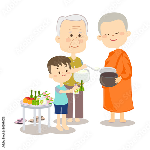 Cartoon Thai Monk and Buddhish Vector