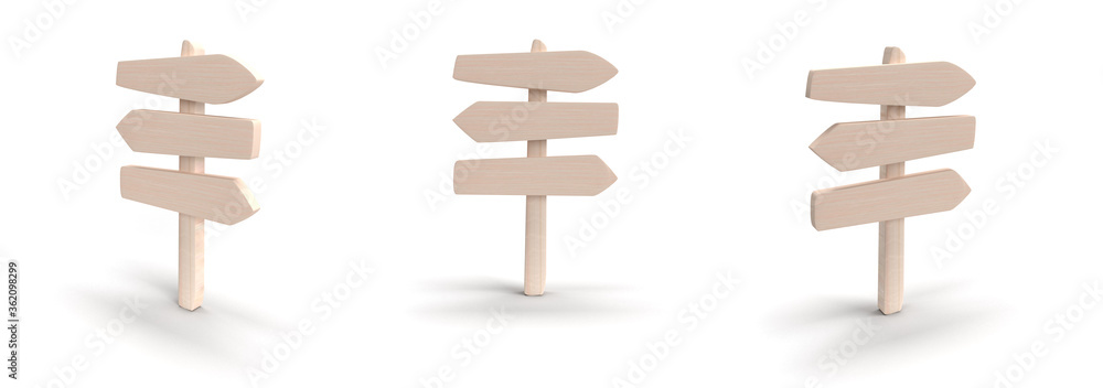 Collection of empty arrow wood sign in 3d rendering on white background. Collection of empty arrow wood sign in 3d rendering on white background.