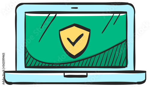 Laptops icon in color drawing. Electronic computer network antivirus malware adware virus detection