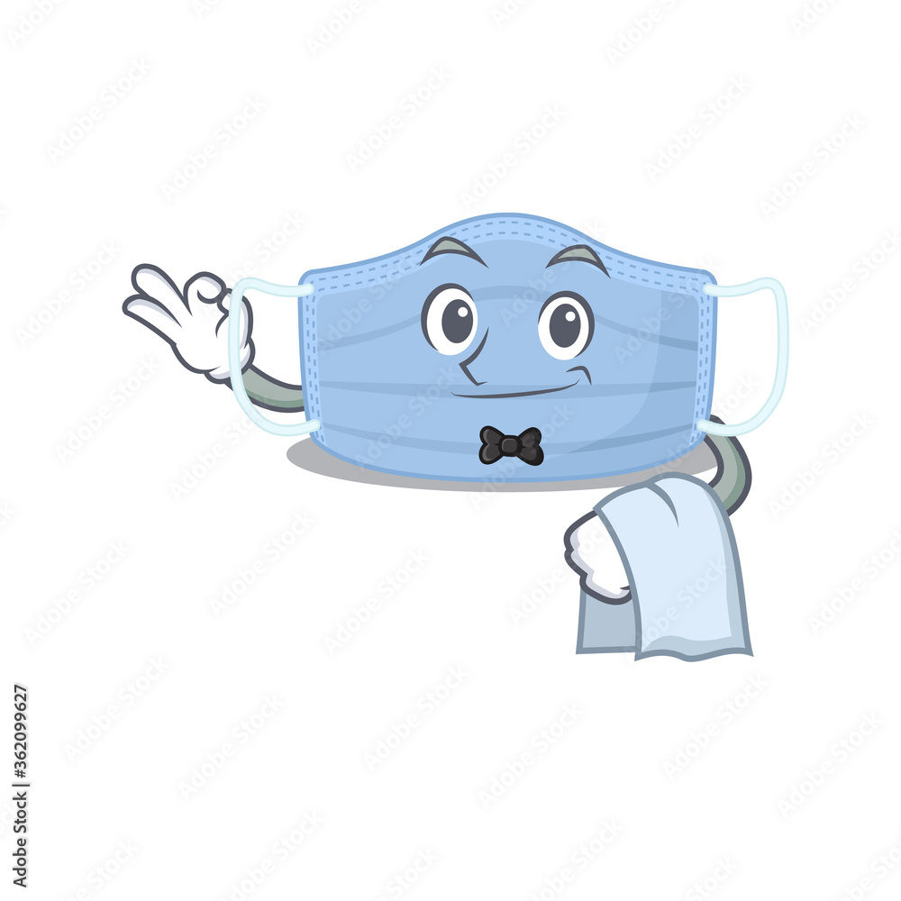 A cartoon picture of surgical mask waiter with a white napkin A cartoon picture of surgical mask waiter with a white napkin