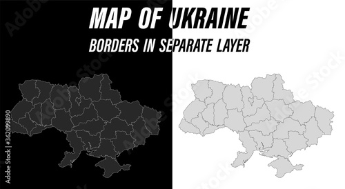 detailed map of Ukraine with borders. Educational design element. Easy editable black and white vector
