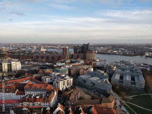 Skyline of the city of Hamburg viewed from the observation platform of The St. Michael's Church