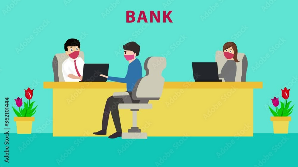 Young man wears mask while visiting a bank office Young man wears mask while visiting a bank office
