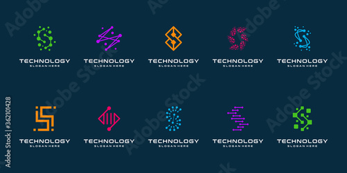 Set of technology letter S dot logo design and business card. initial S for symbol tech, internet, system, Artificial Intelligence and computer. inspiration logo design modern.