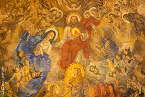 BARCELONA, SPAIN - MARCH 3, 2020: The modern painting of Glory of Heart of Jesus in the church Santuario Nuestra Senora del Sagrado Corazon by Francisco Labarta (20. cent.).