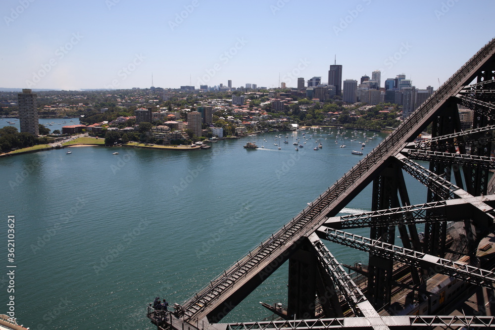 Aerial view of People climbing and explore Sydney Harbor Bridge with cityscape in Sydney, Australia Aerial view of People climbing and explore Sydney Harbor Bridge with cityscape in Sydney, Australia