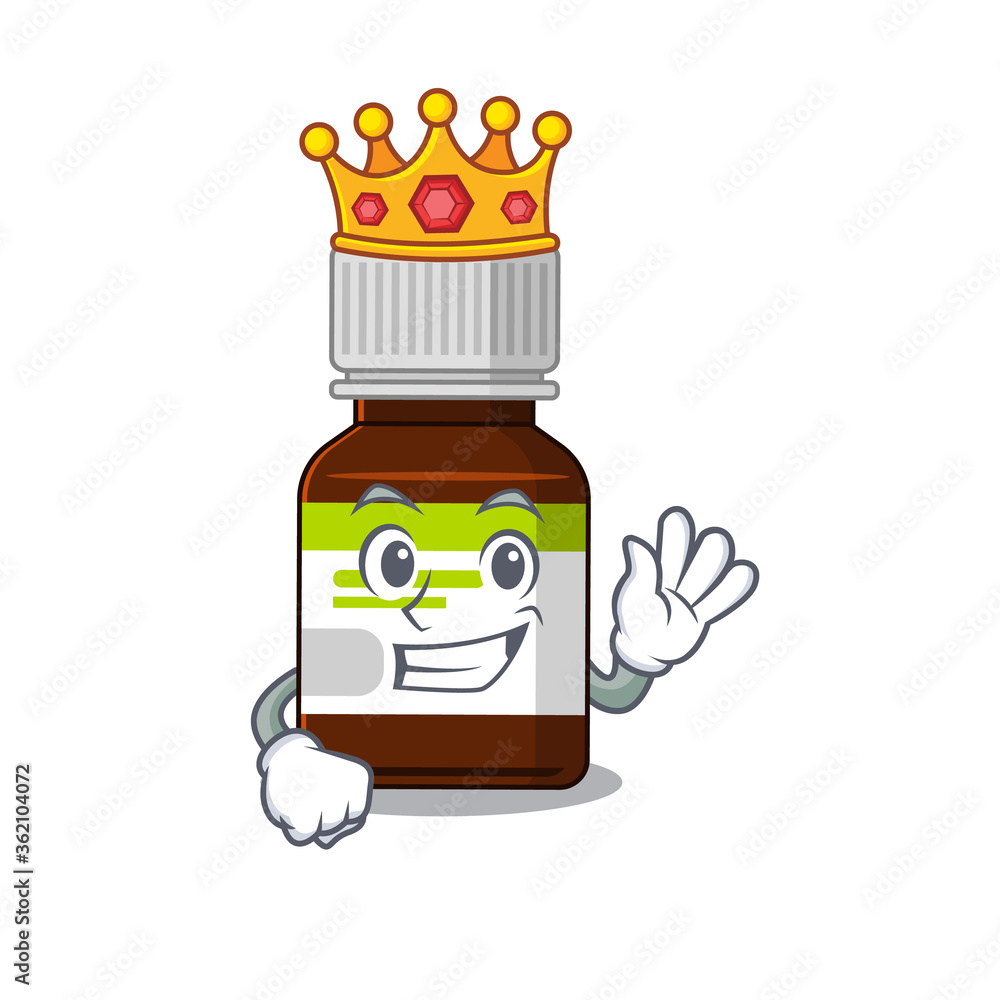 A Wise King of antibiotic bottle mascot design style with gold crown
