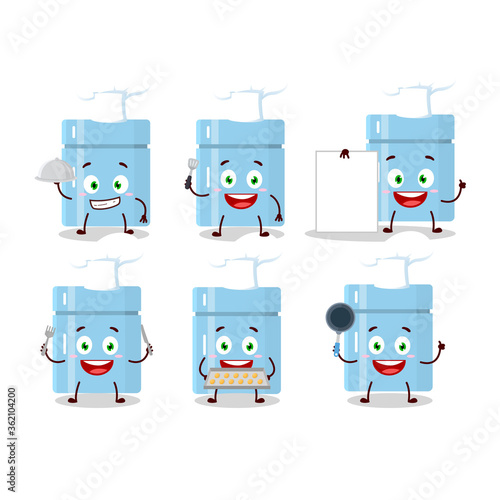 Cartoon character of fridge with various chef emoticons