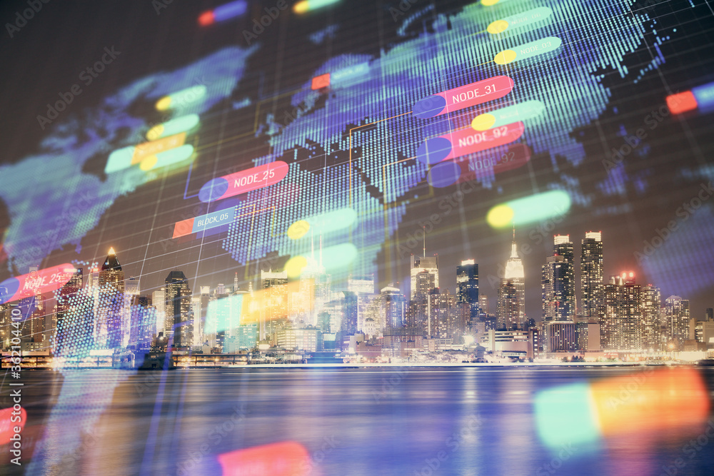 Data theme hologram drawing on city view with skyscrapers background multi exposure. Ai concept. Data theme hologram drawing on city view with skyscrapers background multi exposure. Ai concept.