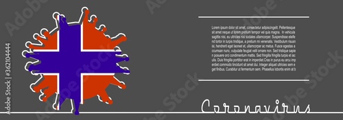 Abstract virus silhouette and Coronavirus text in thin line style. Coronavirus virus danger relative illustration. Medical research theme. Virus epidemic alert. Flag of the Norway