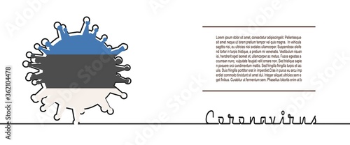 Abstract virus silhouette and Coronavirus text in thin line style. Coronavirus virus danger relative illustration. Medical research theme. Virus epidemic alert. Flag of the Estonia
