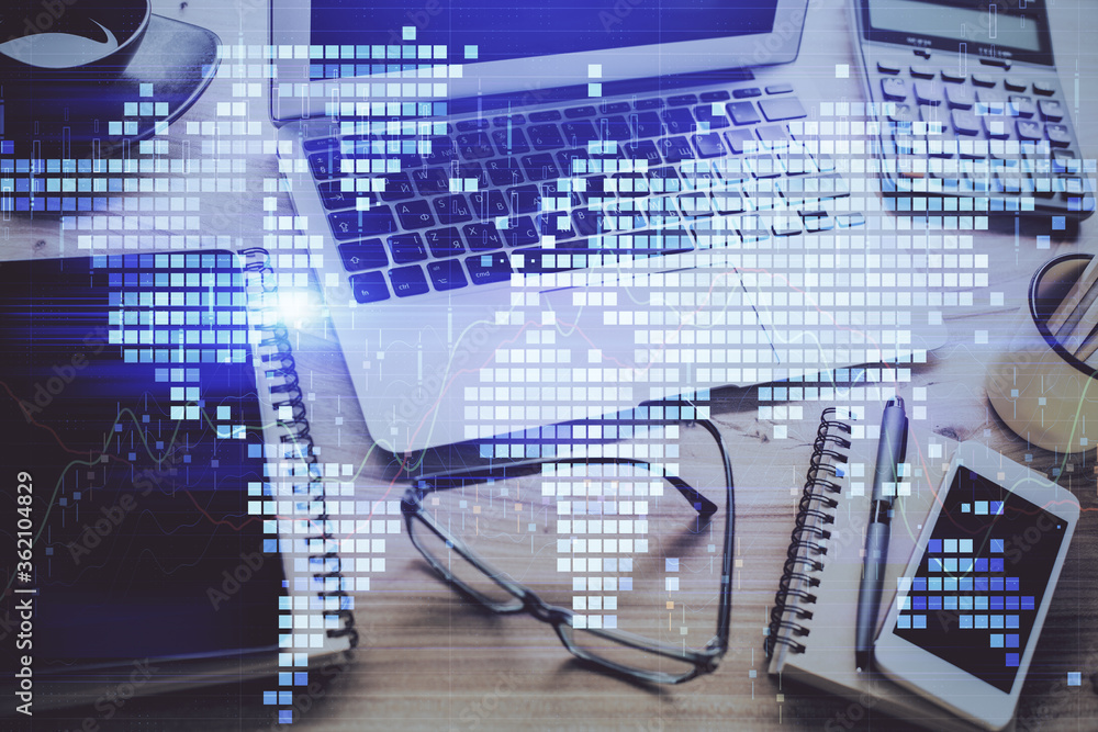 Double exposure of business theme icons and work space with computer background. Concept of success. Double exposure of business theme icons and work space with computer background. Concept of success.