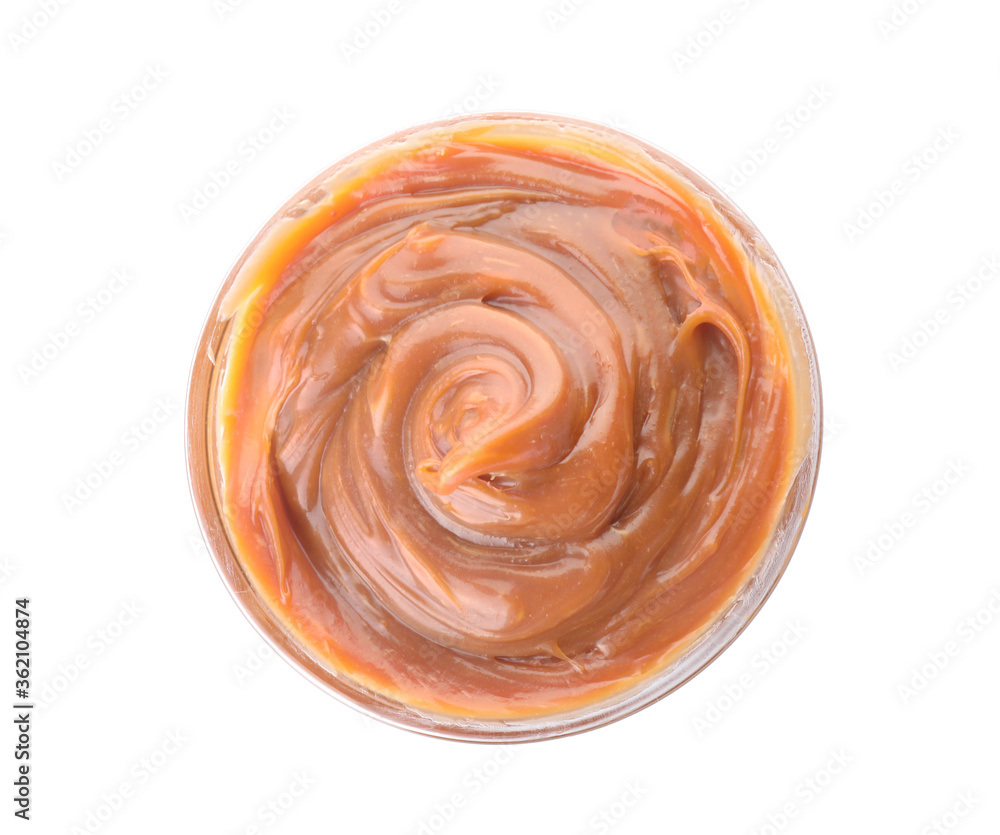 Bowl with liquid caramel on white background Bowl with liquid caramel on white background