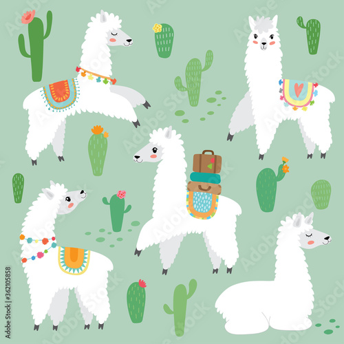 cute hand drawn alpaca llama cactus set