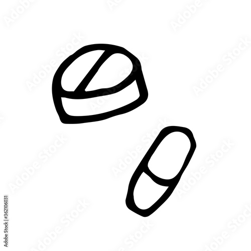 two pills round and capsule in doodle