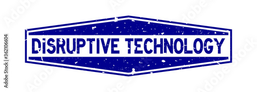 Grunge blue disruptive technology word hexagon rubber seal stamp on white background