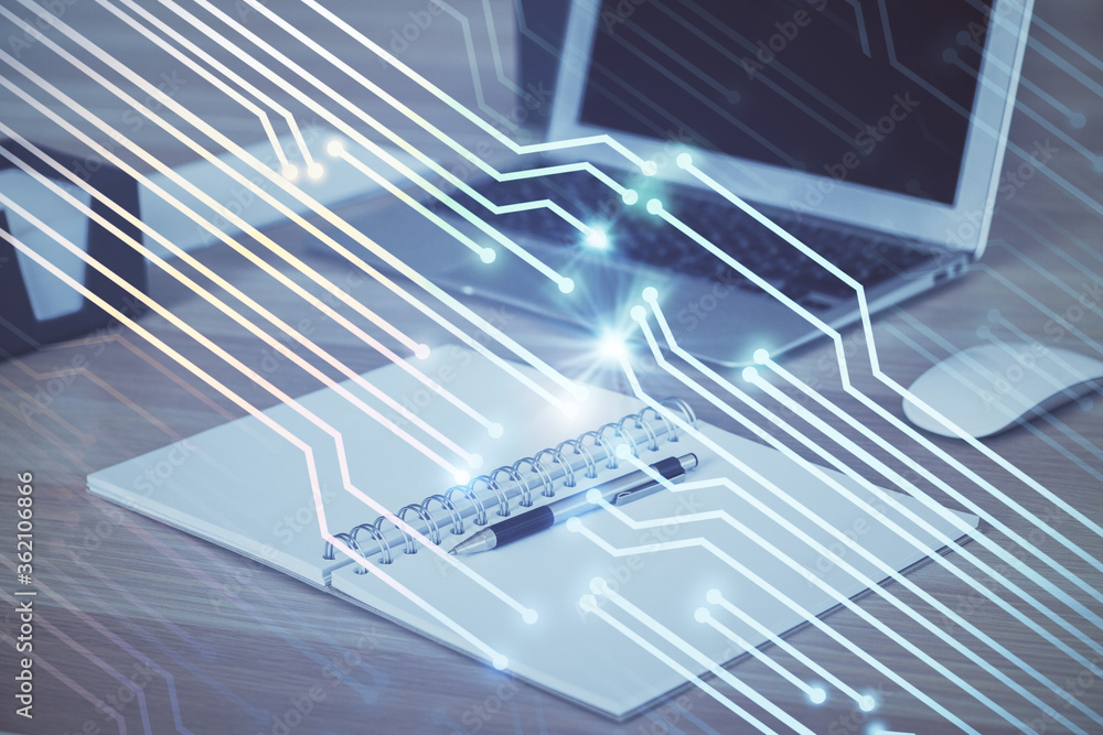 Double exposure of computer and technology theme hologram. Concept of freelance work. Double exposure of computer and technology theme hologram. Concept of freelance work.