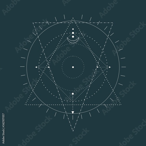 Mystical geometry symbol. Linear alchemy, occult, philosophical sign. For music album cover, poster, sacramental design. Astrology and religion concept.