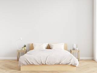 Minimal bedroom wall mock up with wooden side table on wooden floor. 3d illustration.