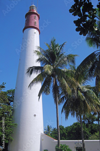 A lighthouse stands beside a coconut tree, a relic of the Old Dutch in the Pacific Islands of Indonesia