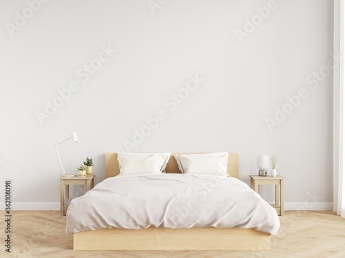Minimal bedroom wall mock up with wooden side table on wooden floor. 3d illustration.