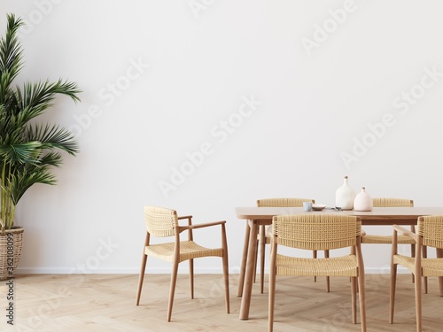 Fototapeta Dining room wall mock up with Areca palm, rattan dining set, wooden table on wooden floor