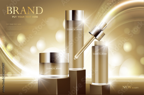 cosmetic product poster, bottle package design with moisturizer cream or liquid, sparkling background with glitter polka, vector design..