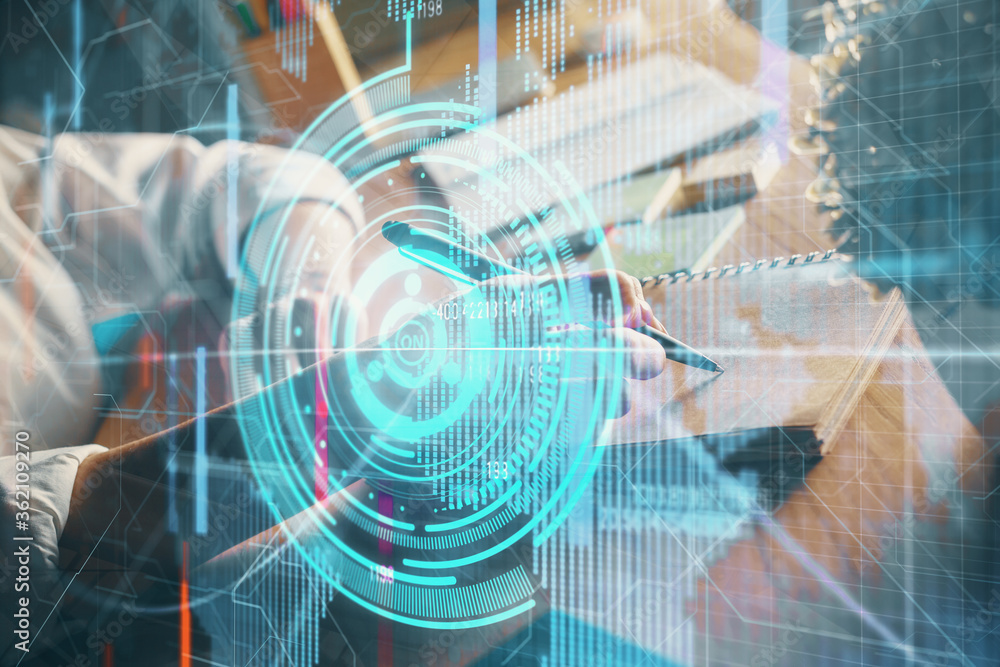 Multi exposure of woman's hands on background with technology and digital coding icons. Data development concept. Multi exposure of woman's hands on background with technology and digital coding icons. Data development concept.