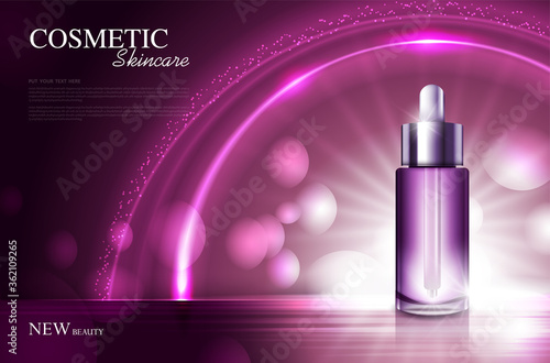 cosmetic product poster, bottle package design with moisturizer cream or liquid, sparkling background with glitter polka, vector design..