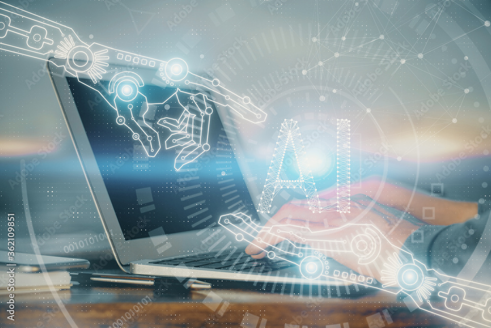 Naklejka premium A man working on Laptop with technology theme drawing. Concept of big data. Double exposure.