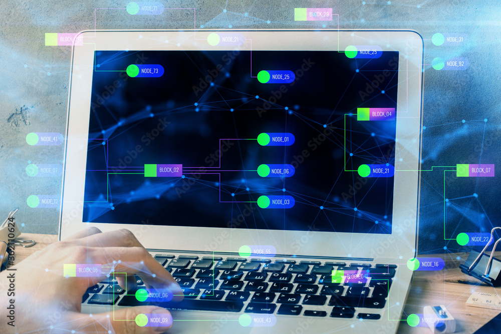 Double exposure of data internet theme hologram with man working on computer on background. Concept of innovation. Double exposure of data internet theme hologram with man working on computer on background. Concept of innovation.