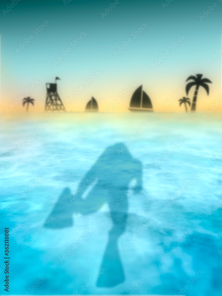 Scuba diver silhouette swimming to tropical island under water in the ocean near the surface. Top vew