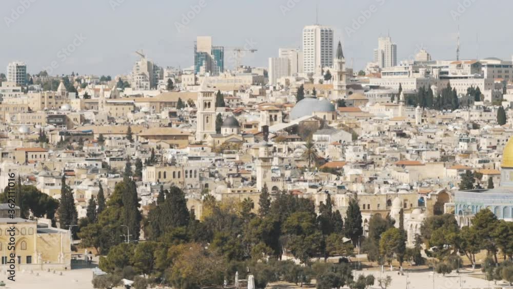 View On Jerusalem Old city and the Temple Mount, Dome of the Rock and Al Aqsa Mosque from the Mount of Olives in Jerusalem, Israel - Pan Right View On Jerusalem Old city and the Temple Mount, Dome of the Rock and Al Aqsa Mosque from the Mount of Olives in Jerusalem, Israel - Pan Right