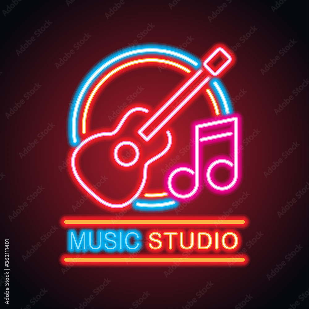 music studio neon sign for music studio or recording studio plank banner. vector illustration