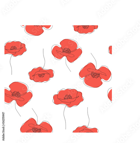 Poppies continuous line drawing. Seamless texture.