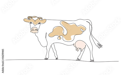 One line cow design silhouette and rural meadow on mountain background.