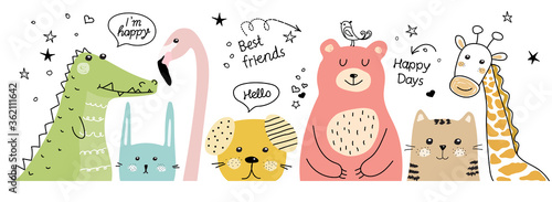Cartoon animals in scandinavian style. Sketch. Doodle.