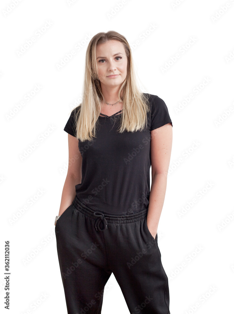 Young, attractive, cute woman with long hairs, wearing black casual clothes. Beautiful female model photography isolated on white background. Young, attractive, cute woman with long hairs, wearing black casual clothes. Beautiful female model photography isolated on white background.