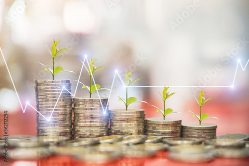 Obraz na płótnie step of coins stacks, money, saving and investment or business planning concept with Stock market or forex trading graph.. w salonie
