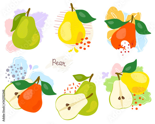 Fresh, green whole and halved pear, leaves, fruits on a white background. Doodle