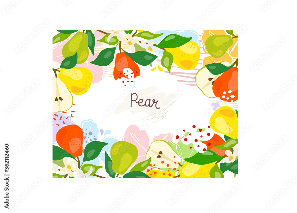 Fresh, green whole and halved pear, leaves, fruits on a white background. Doodle