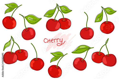 Fresh cherries, red berries, fruits, green leaves on a white background. Set.