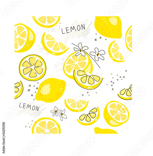 Fresh yellow fruits of lemon, lime, with green leaves and flowers. Seamless citrus texture on a white background.