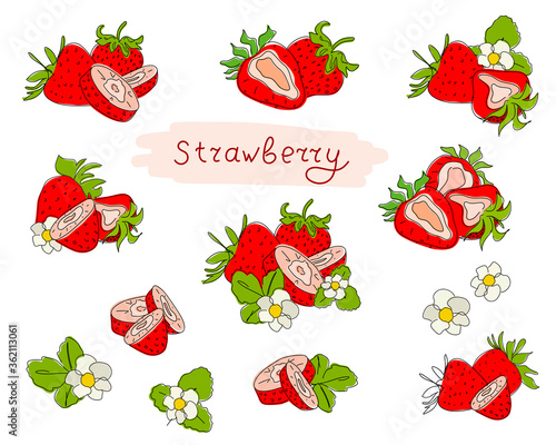 Fresh strawberries, red berries, leaves, fruits, juice, splash, juicy spray on an abstract background.