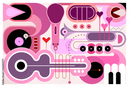 Abstract music background. Flat design of different musical instruments, vector illustration. Acoustic guitar, saxophone, piano keys, trumpets, microphone and gramophone.