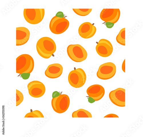 Fresh, bright apricots, leaves, fruits on a white background. Seamless texture. Doodle