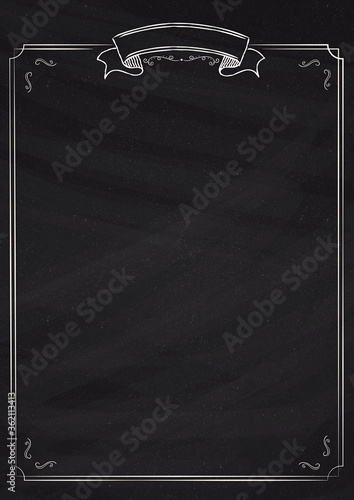 Retro menu blank black blackboard textured background with classic ornamental border